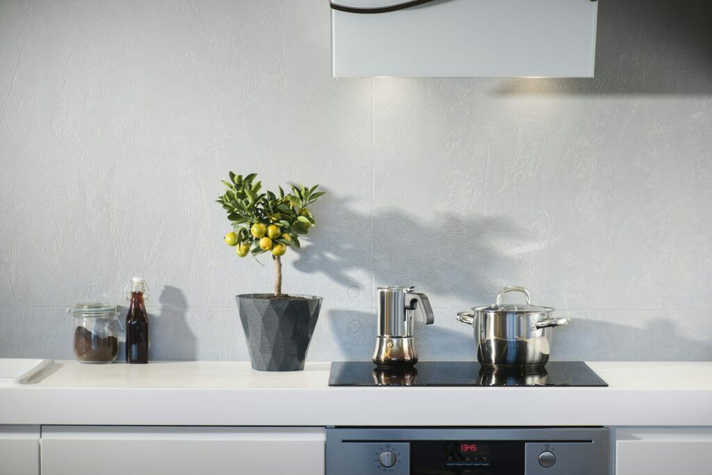 Modern kitchen with a white counter, potted lemon tree, glass jars, and coffee pot on a black electric stove.